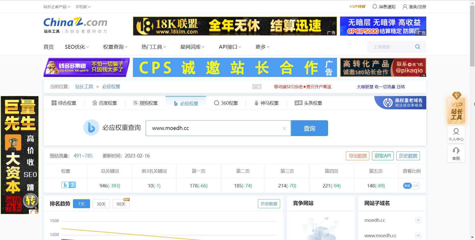 站长工具 [chinaz] 推出了必应 [Bing] 搜索引擎权重工具，必应站长的春天要来了吗？